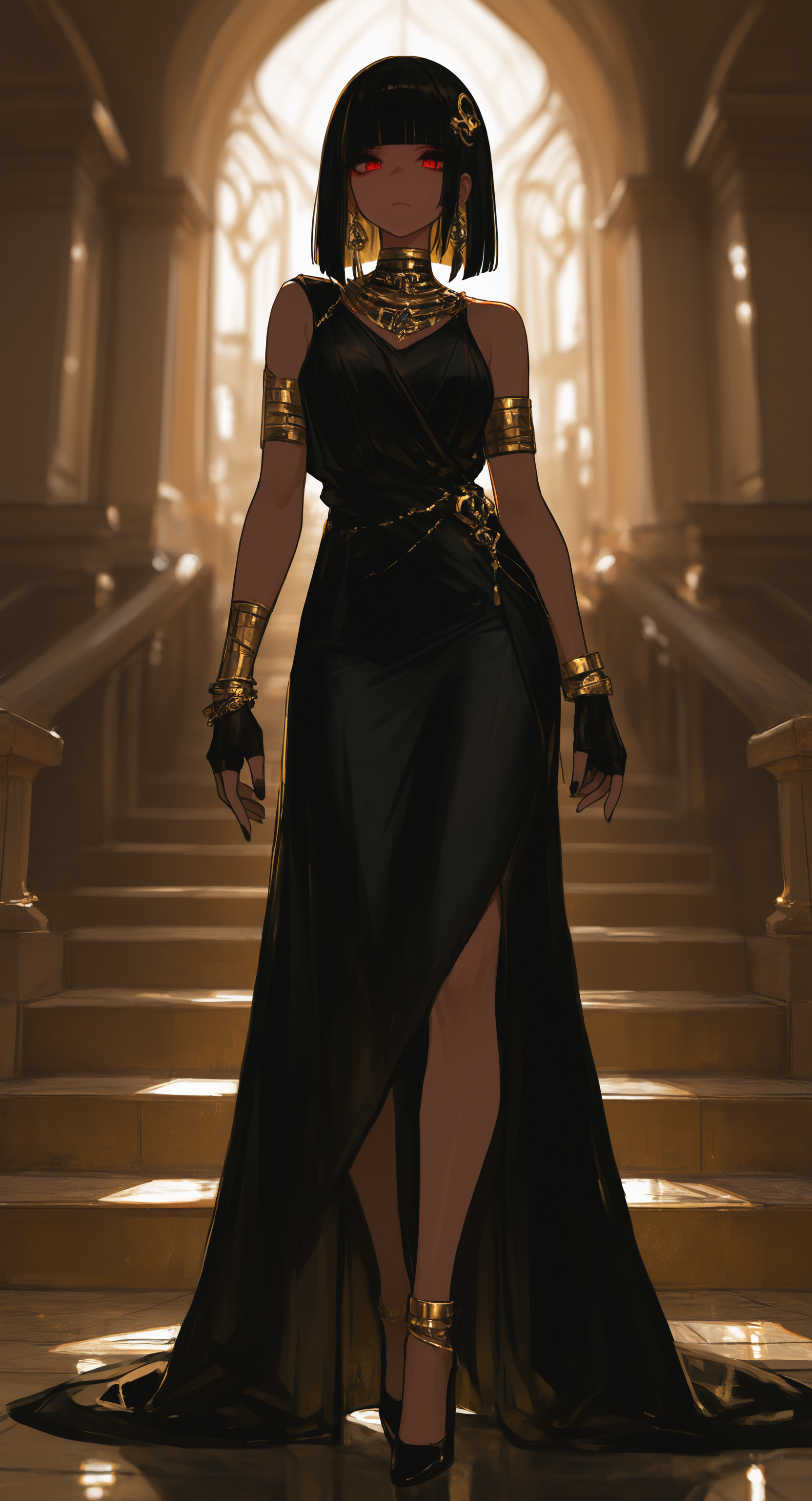 masterpiece, best quality, good quality, very awa, very aesthetic, absurdres, newest, 1girl, solo, breasts, looking_at_viewer, black_hair, hair_ornament, gloves, red_eyes, dress, closed_mouth, jewelry, standing, full_body, earrings, black_gloves, indoors, medium_hair, dark_skin, blunt_bangs, fingerless_gloves, black_footwear, necklace, nail_polish, blurry, black_dress, high_heels, bracelet, dark-skinned_female, blurry_background, depth_of_field, armlet, reflection, backlighting, stairs, long_dress, anklet, asymmetrical_clothes, single_bare_shoulder, gold, egyptian, gold_bracelet <lora:ponyv6_noobV1_1_adamW-000011:0.7> <lora:USNR_STYLE_XL_lokr:0.45> <lora:745cmSDXLvpred75S:0.45>