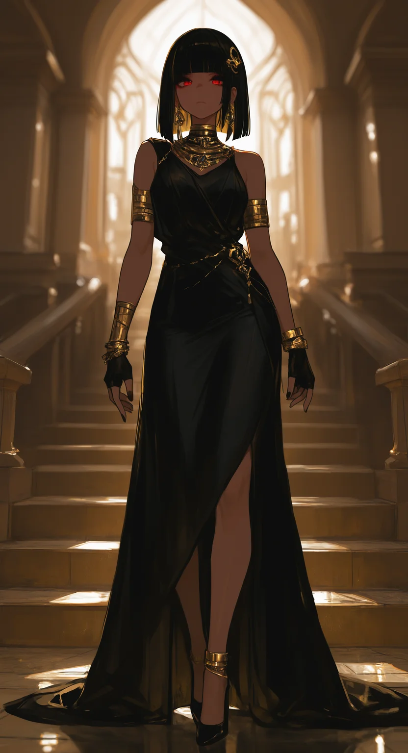 masterpiece, best quality, good quality, very awa, very aesthetic, absurdres, newest, 1girl, solo, breasts, looking_at_viewer, black_hair, hair_ornament, gloves, red_eyes, dress, closed_mouth, jewelry, standing, full_body, earrings, black_gloves, indoors, medium_hair, dark_skin, blunt_bangs, fingerless_gloves, black_footwear, necklace, nail_polish, blurry, black_dress, high_heels, bracelet, dark-skinned_female, blurry_background, depth_of_field, armlet, reflection, backlighting, stairs, long_dress, anklet, asymmetrical_clothes, single_bare_shoulder, gold, egyptian, gold_bracelet <lora:ponyv6_noobV1_1_adamW-000011:0.7> <lora:USNR_STYLE_XL_lokr:0.45> <lora:745cmSDXLvpred75S:0.45>