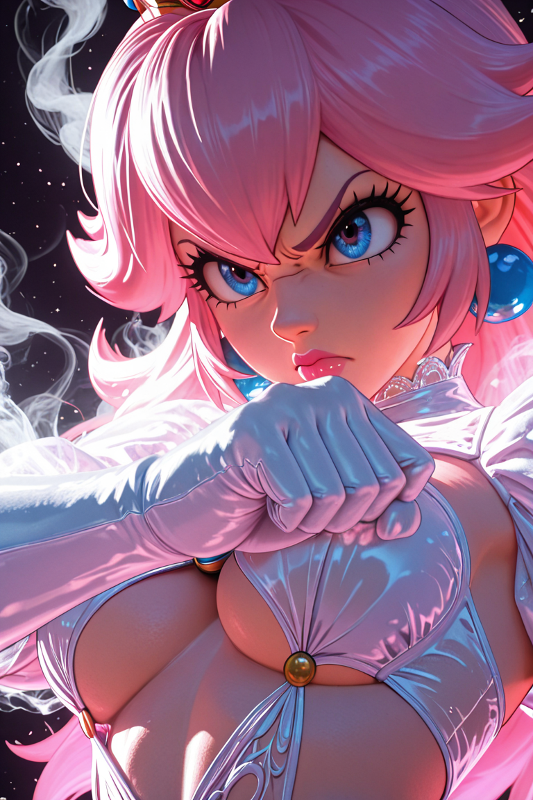 Anime style ,3d,Close Up Portrait, Simple color Palette, Hd, very Detailed, awesome Quality, reflecting, luminescent, translucent, Ethereal, Aura, princess Peach, angry Peach_SMP, light pink revealing clothes, White smoke, light beams through smoke, Bruce Lees iconic posing fighting frame, fists up, underboob senketsu2