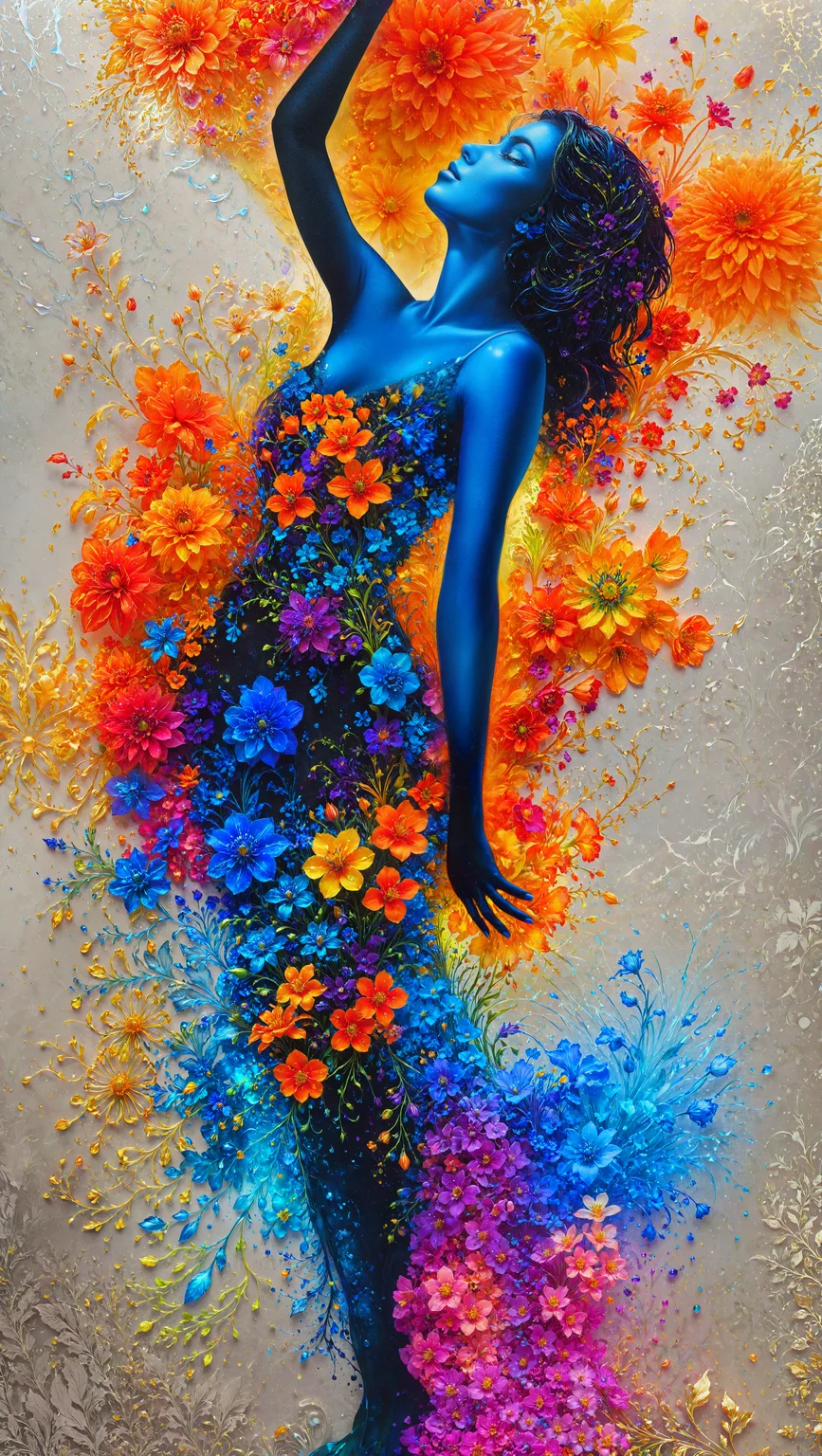 Silhouette Art, breathtaking (vibrant photorealistic uv style on parchment extravaganza alcohol ink sketch:1.2), (a beautiful refined adorable young graceful goddess :1.3).
(shapely figure, noble bearing, posing in her usual elegant and relaxed manner. delicate sophisticated alluring and (cheerful look):1.2). beautiful hands .
(Floral hues color scheme with rare fine glossy shiny gold accents :1.01). ((highly detailed real life flowers) , vibrant faetastic floral extravaganza,
a lot of various flowers, small flowers, big flowers, red, flowers, blue flowers, orange flowers, yellow flowers, violet flowers, , green flowers, green stems and leaves, shiny vivid colored particles, glowing dust and pollen. colorful splashes and splatters and droplets around, (shadows under flowers). floral patterns in background:1.3),
(Sleek, modern, award-winning, fine volumetric abstract composition, highly detailed. extremely high-resolution details, photographic, realism pushed to extreme, fine texture, incredibly lifelike, dark, high contrast:1.2).
raward-winning, professional, highly detailed, high contrast, well defined, Silhouette Art <lora:detailed_notrigger:1.7> <lora:artfullyCOLORS2_SDXL_V1:0.82> <lora:FaeTastic:0.7> <lora:InkArtXL_1.2:0.7> <lora:zavy-cntrst-sdxl:0.9>