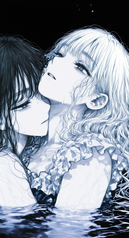 masterpiece, best quality, good quality, very awa, very aesthetic, absurdres, newest, 2girls, white hair, black hair, long hair, hug, black frilled dress, open eyes, head on another's chest, long hair, white frilled dress, wet, frills, partially submerged, close up, face portrait, dynamic angle, black background, line art,sketch,draft,minimalist,dynamic lines, 748cmstyle,
tanemura arina <lora:noobai_ep11_stabilizer_v0.138_fp16:0.3> <lora:NOOB_vp1_detailer_by_volnovik_v1:0.3> <lora:ponyv6_noobV1_2_adamW-000017:0.3> <lora:hs-LineArtIllust:0.8> <lora:745cmSDXLvpred75S:0.6>