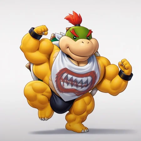1boy, solo, masterpiece, (flatcolor, 2d art, simple shading), male, anthro, tail, JBowser, open eyes, (huge muscles, gigantic body, huge pecs, biceps, thick thighs), (thick neck, wide neck, muscular neck), (flexing), White bandanna around face, white bandanna, wearing black speedo, big bugle, (shortstack:1.5)