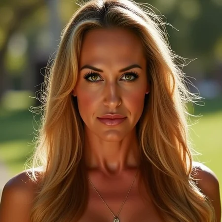 with a radiant, striking features. Her hair is long, indicating she might be of European descent. Her eyes are a striking light green, well-groomed eyebrows and adorned with subtle, dark eyebrows and subtle makeup., dark eyelashes and subtle, sarafoxx. The image is a high-resolution photograph featuring a woman standing in a sunlit outdoor setting, piercing blue