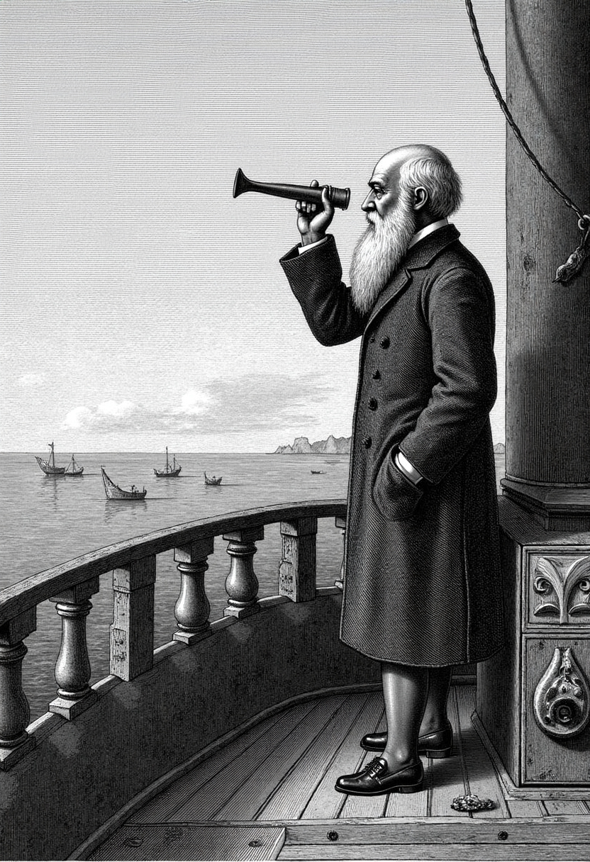 An etching of Charles Darwin aboard the HMS Beagle, scanning the horizon for signs of life in the Galapagos Islands.