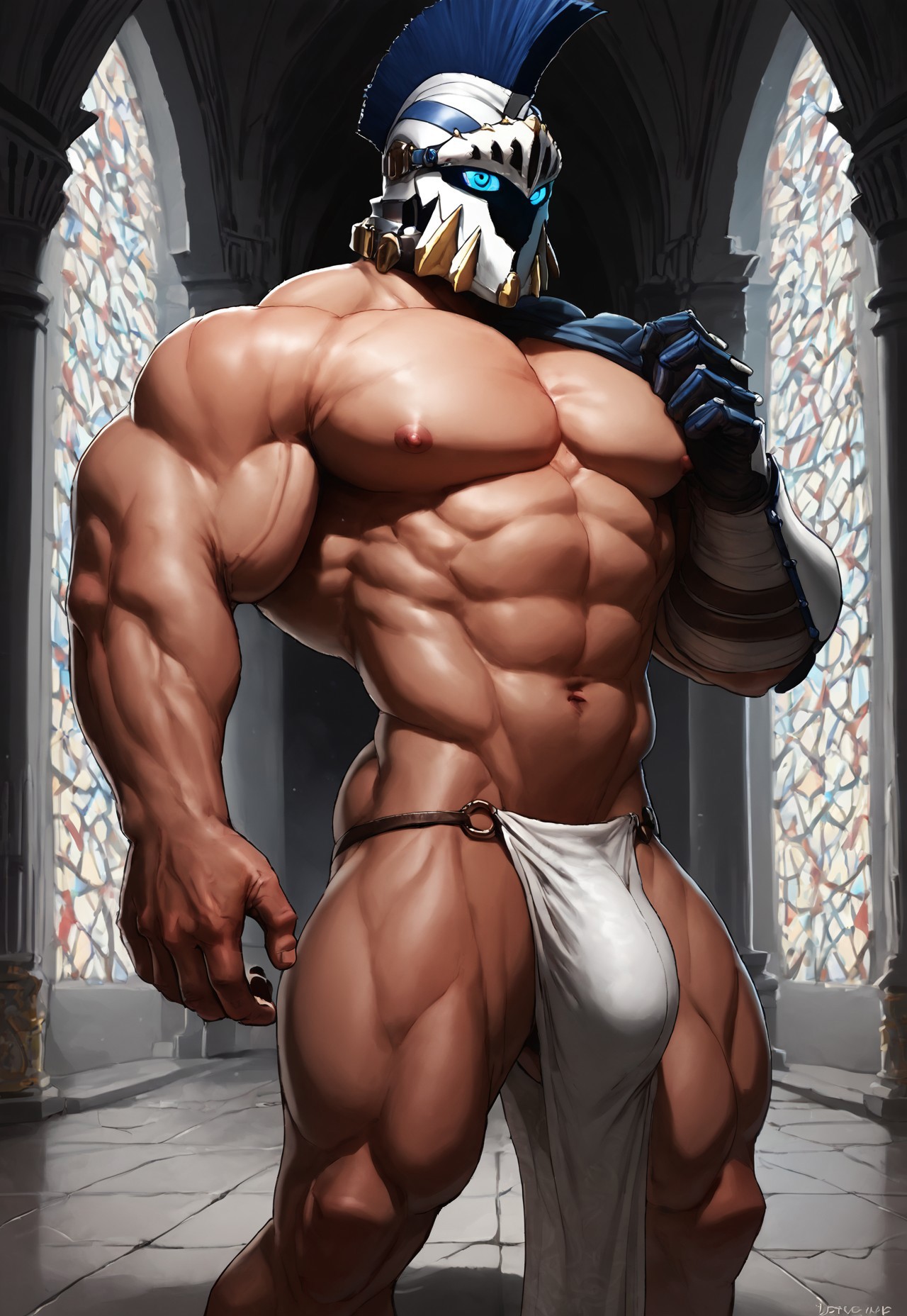 safe_pos, safe_pos, safe_pos, safe_pos, safe_pos, safe_pos, score_9, score_8_up, score_7_up, score_6_up, rating_explicit, (solo:1.3), ((detailed background)), ( perfect face, detailed eyes, perfect hands, detailed body), standing, sexy pose, male solo,  ae_dyne, knight, helmet, blue eyes, in the castle, aesthetic, thick bulge, big bulge, huge legs, thick muscles, thick thighs, loincloth, side view, nude