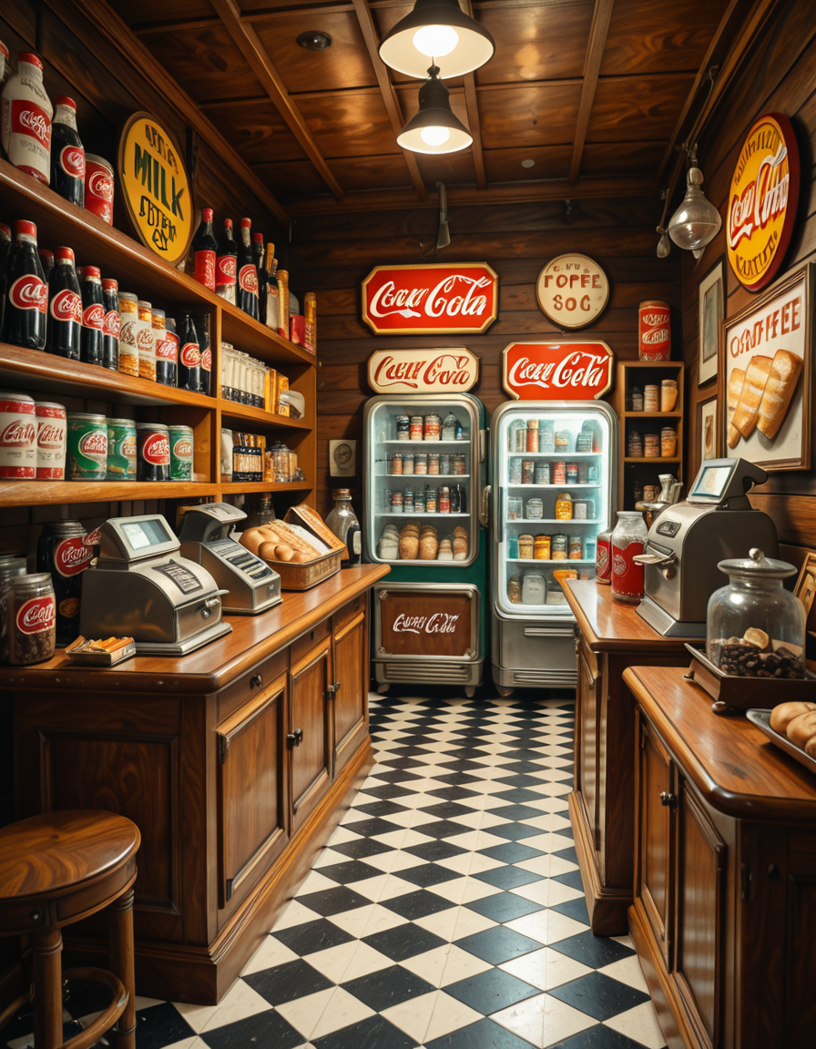 A vintage 1950s grocery store filled with nostalgic details. Wooden shelves neatly stocked with classic canned goods, glass soda bottles, and colorful retro packaging. An old-fashioned cash register sits on the wooden counter, next to a small scale for weighing produce. The checkered black-and-white tile floor adds to the mid-century charm, while hand-painted signs on the walls advertise milk, bread, and coffee in bold, retro fonts. A display of penny candy in glass jars sits near the entrance, and a vintage Coca-Cola refrigerator hums in the background. Soft, warm lighting casts a nostalgic glow over the scene, enhancing the rich textures of wood, glass, and metal, capturing the essence of a bygone era.
<lora:SDXLFaeTastic2400:0.4> <lora:extremely_detailed:0.4> extremely detailed
,1950s grocery st0r3, <lora:1950s_grocery_st0r3-i:1>, Masterpiece,best quality,hi res,8k,hi res,8k,award winning,(sharp focus, intricate, highly detailed),