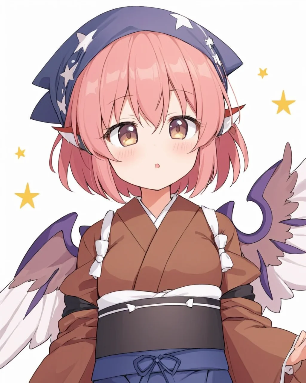 mystia lorelei,1girl, solo, okamisty, kappougi, white_background, simple_background, bird_wings, head_scarf, white_wings, dated, blush, long_sleeves, looking_at_viewer, brown_kimono, frills, open_mouth
<lora:mystia_lorelei_image8444_2023-12-14-000007:1>,star-shaped_pupils,symbol-shaped_pupils,. gorgeous,key visual, vibrant, studio anime,award-winning, professional, highly detailed,high budget, cinemascope