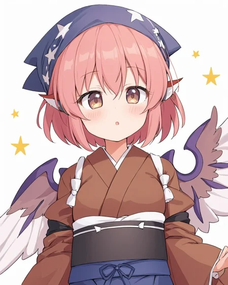 mystia lorelei,1girl, solo, okamisty, kappougi, white_background, simple_background, bird_wings, head_scarf, white_wings, dated, blush, long_sleeves, looking_at_viewer, brown_kimono, frills, open_mouth
<lora:mystia_lorelei_image8444_2023-12-14-000007:1>,star-shaped_pupils,symbol-shaped_pupils,. gorgeous,key visual, vibrant, studio anime,award-winning, professional, highly detailed,high budget, cinemascope