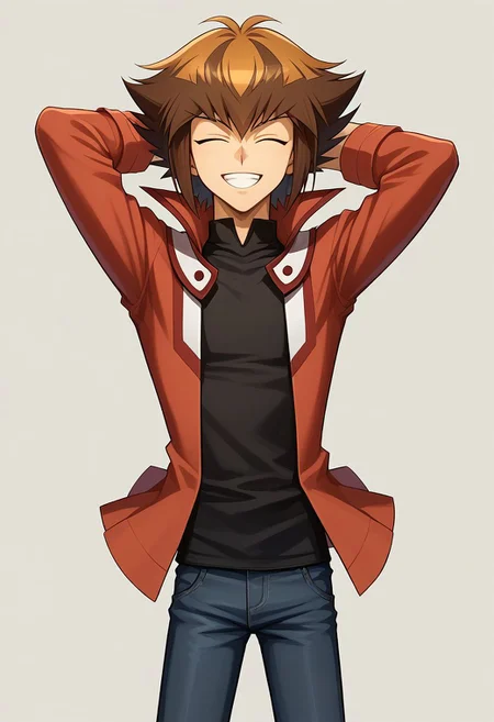 score_9, score_8_up, source_anime, highly detailed, 1boy, solo, slender, 
jaden, 1boy, male focus, solo, brown hair, duel academy uniform (yu-gi-oh! gx),black shirt, red jacket, pants, multicolored hair, two-tone hair, smile, upper body, grin, closed eyes, happy, hands behind head,
indoor,
