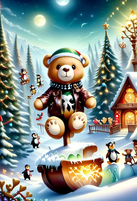 xmastedx,Festive,
(masterpiece, best quality:1.2), teddy bears' holiday concert, stage in a snowy clearing, teddy bears as rock stars, electric guitars, drums made of ice, backup singers - penguins, polar bears as roadies, teddy bears wearing leather jackets with tinsel accents, playing energetic rock music, the stage surrounded by a cheering crowd of forest animals, snow - covered mountains in the background, a full moon shining brightly.