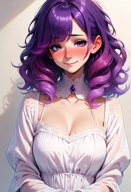 score_9, score_8_up, score_7_up, score_6_up BREAK 1girl, solo, white dress, gothic dress, upper body, arms crossed, blushing, gradient hair, purple hair, light smile, nose blush, blush, ear blush