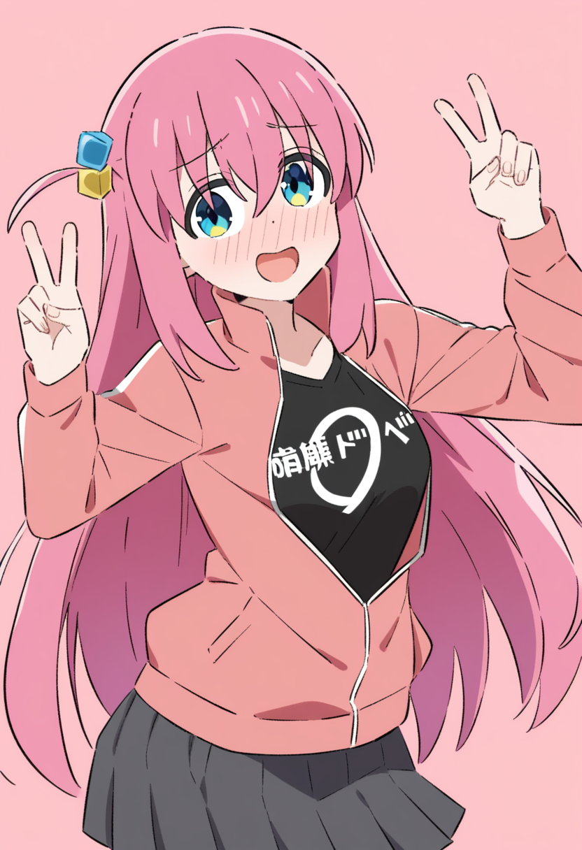masterpiece,best quality,very aesthetic,absurdres,<lora:bocchi_the_rock:1>,blush,looking_at_viewer,smile,gotoh_hitori,two-tone_background,grey_skirt,pink_jacket,pink_background,black_shirt,simple_background,cowboy_shot,highres,solo,standing,commentary_request,partial_commentary,hands_up,open_mouth,open_jacket,1girl,pleated_skirt,twitter_username,kessoku_band_t-shirt,long_sleeves,grey_background,double_v,