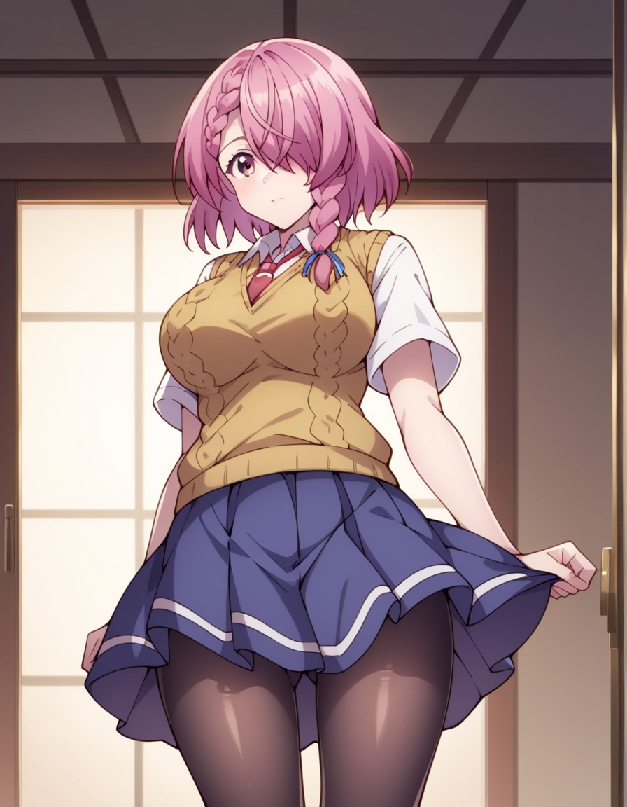 score_9, score_8_up, score_7_up, source_anime, uncensored, <lora:StS_detail_slider_v1:3>, zPDXLxxx, <lora:Maihime_Shirayuki_PONYXL_VexVexX:1>, MaihimeShirayuki, pink eyes, pink hair, short hair, braid, side braid, hair over one eye, bangs, medium-large breasts, school uniform, skirt, blue skirt, sweater vest, shirt, white shirt, short sleeves, collared shirt, necktie, red necktie, black pantyhose, cowboy shot, bedroom, from back, Stand with feet hip-width apart, gently swaying hips to one side, with arms relaxed or raised above the head, thighs, looking at view
