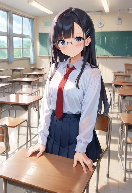score_9, score_8_up, score_7_up, rating_safe, masterpiece, best quality, absurdres, unity 8k wallpaper, official art, official style, source_anime, uncensored, game cg, megami magazine,
1girl, solo, glasses, black hair, long hair, blue eyes, collared shirt, red necktie, pleated skirt, blue skirt, looking at viewer, blush, embarrassed,
kyoshitsu, classroom, chalkboard, indoors, scenery, school, school desk, school chair, ceiling, window, ceiling light, tiles, sunlight, tile floor, speaker,
<lora:gakkou_kyoshitsu_PONY_V1:1>