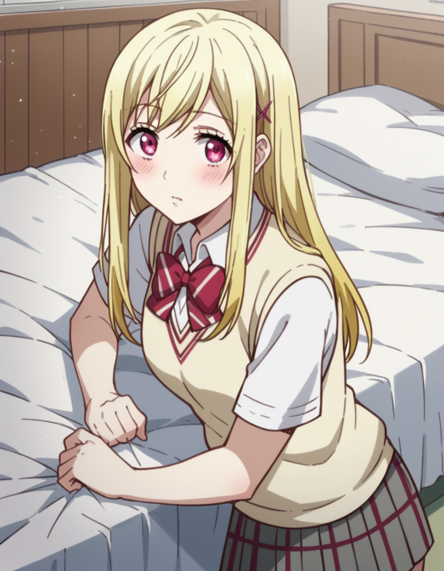 score_9, score_8_up, score_7_up, source_anime, <lora:urara-shiraishi-s1-ponyxl-lora-nochekaiser:1>, urara shiraishi, long hair, blonde hair, pink eyes, hair clip, x hair ornament,, skirt, bow, school uniform, jacket, plaid, plaid skirt, sweater vest, shirt, white shirt, collared shirt,, indoors, bed, bed room, on side, blush, drunk, looking at viewer, solo,, cowboy shot, dutch angle