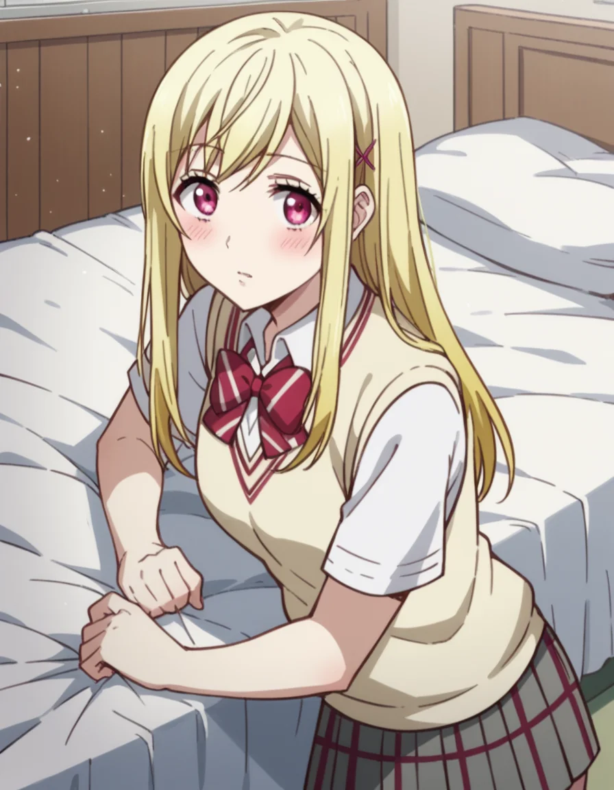 score_9, score_8_up, score_7_up, source_anime, <lora:urara-shiraishi-s1-ponyxl-lora-nochekaiser:1>, urara shiraishi, long hair, blonde hair, pink eyes, hair clip, x hair ornament,, skirt, bow, school uniform, jacket, plaid, plaid skirt, sweater vest, shirt, white shirt, collared shirt,, indoors, bed, bed room, on side, blush, drunk, looking at viewer, solo,, cowboy shot, dutch angle