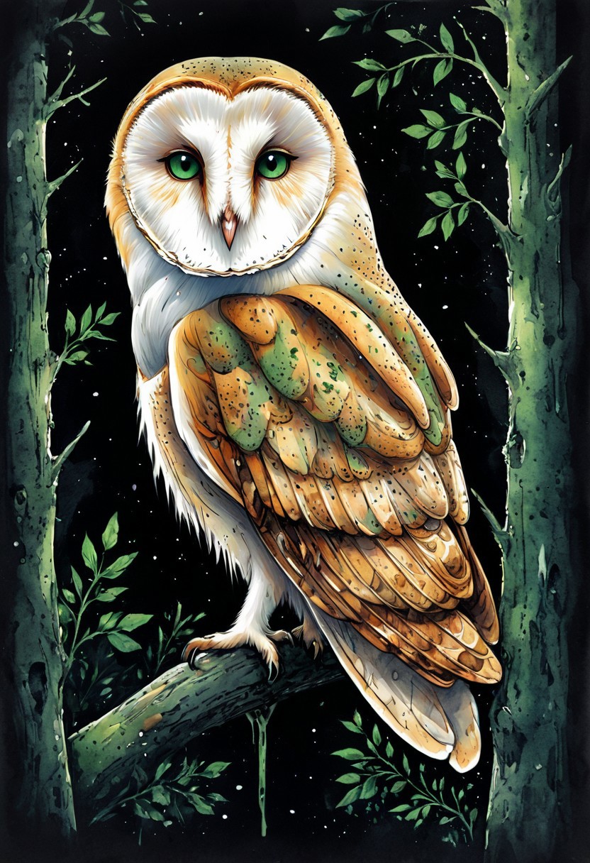 (((masterpiece))) , (((best quality))) , a barn owl with green eyes emerging from the shadows of a nighttime forest ink art
, aidmamj6