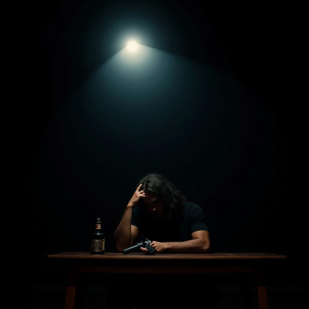 A lone man with long hair is sitting at a table in a dark room, a single light shines from above, his head is down,  one hand is holding a bottle of whiskey that sits on the table, his other hand is down by his side holding a pistol , cinematic