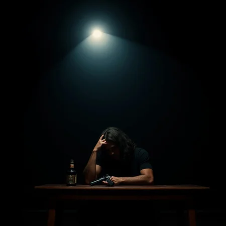 A lone man with long hair is sitting at a table in a dark room, a single light shines from above, his head is down, one hand is holding a bottle of whiskey that sits on the table, his other hand is down by his side holding a pistol , cinematic