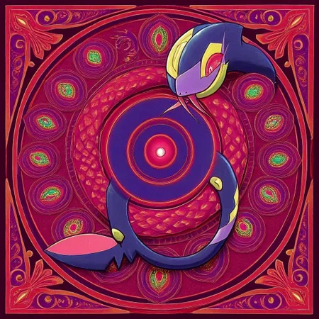 colored Mandala style, medium stylized pattern, Seviper, serpentine, vertical_figure_eight_pattern, intricate_design, symmetrical, traditional_mandala, Seviper_color_palette (deep_purple, black, red), glowing_golden_elements, luminous, mystical, highly_detailed, intricate_scales, geometric_patterns, harmonious_composition, masterpiece, balanced, precise, artistic, reverence, Pokémon