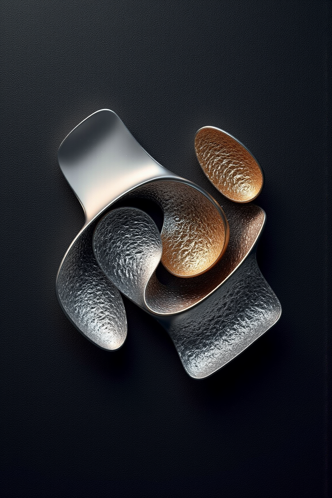 , YFG-Ge0m A wallpaper featuring a series of overlapping, metallic geometric shapes, each with a unique texture and pattern, creating a sense of depth and sophistication. The shapes appear to be floating in a nebulous space, with shimmering highlights and subtle reflections enhancing their three-dimensional form. The color palette is a gradient of metallic tones, transitioning from silver to gold, giving a sense of luxury and elegance. The background is a dark, textured surface, resembling fine fabric, providing a tactile feel to the design. The overall composition is balanced and symmetrical, evoking a sense of order and refinement.