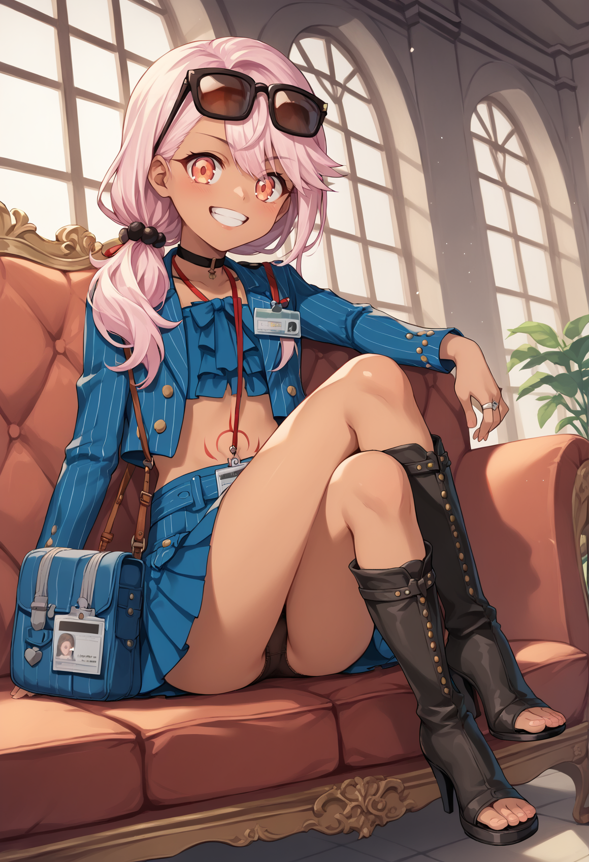 1girl, dark skin, pink hair, orange eyes, medium hair, stomach tattoo, hair ornament, sunglasses, ring, belt, jacket, blue jacket, blue skirt, id card, choker, jewelry, bag, boots, high heels, toeless footwear,, sitting, couch, indoors, mansion, eyewear on head. teeth, mesugaki, crossed legs, panties <lora:Kuro_XL:1>, score_9, score_8_up, score_7_up, score_6_up, score_5_up, score_4_up, BREAK source_anime, masterpiece