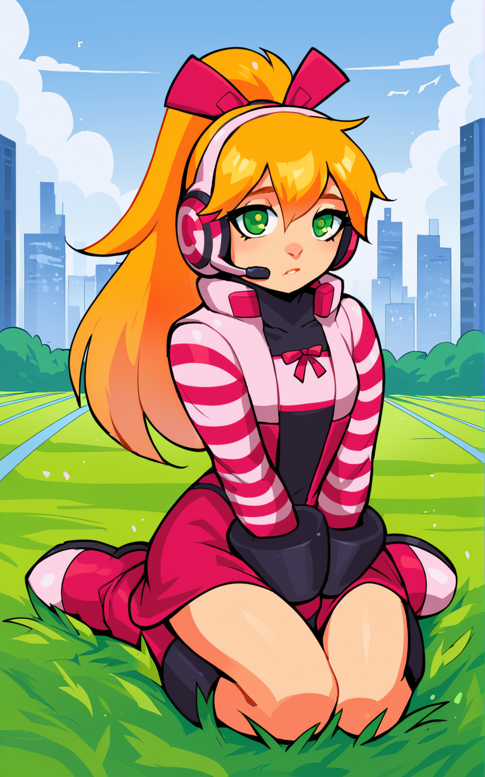 score_9, score_8_up, score_7_up,((best quality)), absurdres, <lora:BolivanteStyle:0.8>,  <lora:CMN9PXL:0.8>,CMN9PXL, hair ribbon, ponytail, boots, headphones, knee boots, headset, striped sleeves, dress, skirt, multicolored dress, green eyes, pink dress, pink boots, long hair,blonde hair, gloves, ribbon, city, futuristic, kneeling, grass field, tired,looking at viewer
