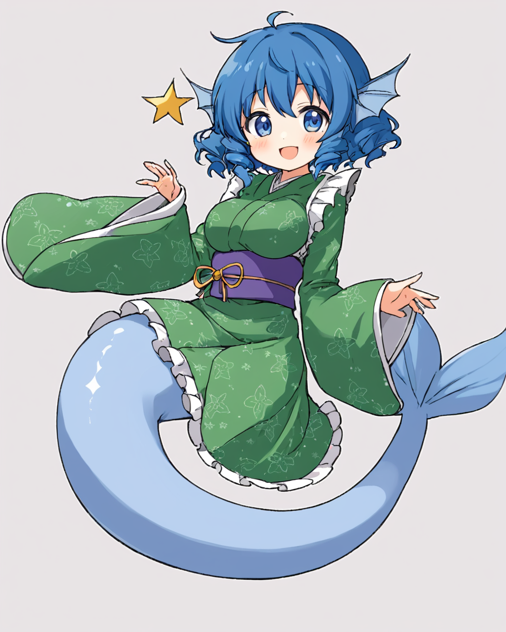 wakasagihime,1girl, mermaid, solo, head_fins, smile, frilled_kimono, white_background, obi, green_kimono, simple_background, wide_sleeves, long_sleeves, open_mouth, looking_at_viewer, style_parody, blush, breasts, full_body
<lora:wakasagihime_image2628_2023-12-20-000008:1>,star-shaped_pupils,symbol-shaped_pupils,. gorgeous,key visual, vibrant, studio anime,award-winning, professional, highly detailed,high budget, cinemascope