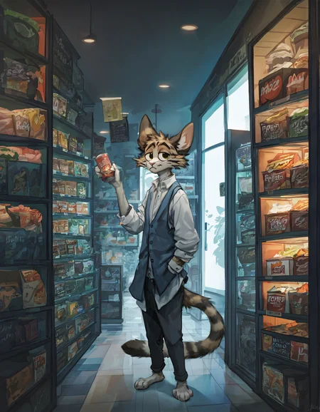source_furry,  Furry cat with grey and black fur, wearing cream colored pants, white shirt and blue vest, stocking the shelves with canned food, box of canned food on the floor, corridor of shelves, white tiled floor, fluorescent lighting,  interior of a Walmart store, tail, bored expression,   <lora:Jacato_Style_Pony:0.8>, score_9, score_8_up, score_7_up, score_6_up, score_5_up,