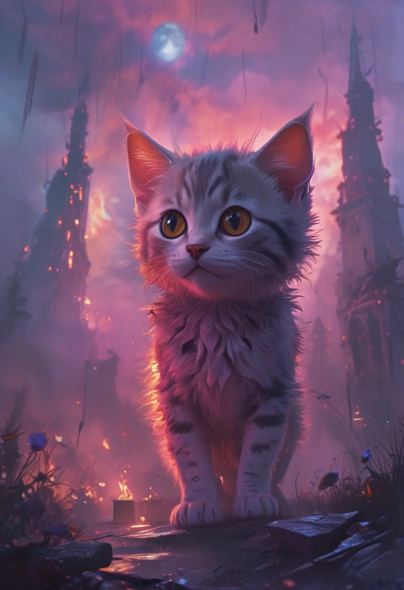 concept art, cute American Shorthair Kitten, Eclectic, FOV 90 degrees, expressionism art stylized by Monsu Desiderio, Romantic, most beautiful artwork in the world, fantasy, <lora:aidmaOnceHuman-V0.1:1> once human, gaming artwork, magical, deep rich colors, very, pure, romantic, complex