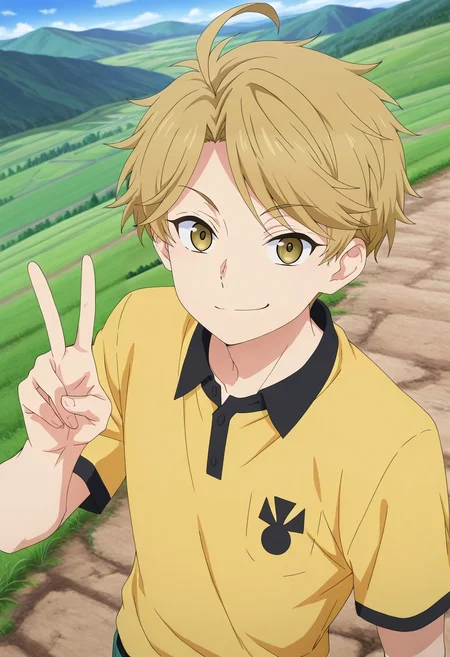 masterpiece, best quality, intricate details, anime screencap, , official style, looking at viewer, 1boy, solo, male focus, <lora:yuuma_nikaidou_ilxl:0.96>, yuuma_nikaidou, blonde hair, yellow eyes, short hair, ahoge, from above, hill, day, v, peace sign, smirk, ,