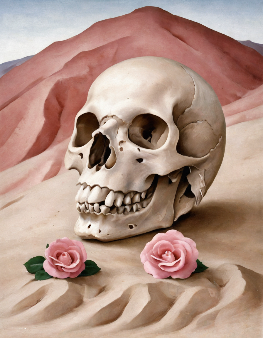 <lora:okfe:0.8>okfe, human skull, rose, sand, mountain