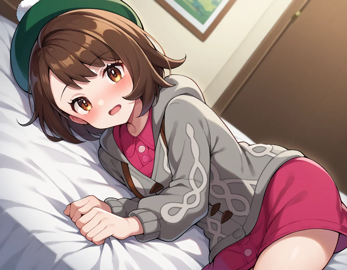 score_9, score_8_up, score_7_up, source_anime,
pokemongloria, <lora:pokemon-gloria-ponyxl-lora-nochekaiser:1>
pokemongloria, brown eyes, brown hair, medium hair,
cardigan, dress, green headwear, grey cardigan, hood, hood down, hooded cardigan, long sleeves, pink dress, short dress,
indoors, bed, bed room, on side, blush, drunk,
looking at viewer, cowboy shot, dutch angle,