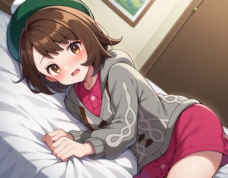 score_9, score_8_up, score_7_up, source_anime,
pokemongloria, <lora:pokemon-gloria-ponyxl-lora-nochekaiser:1>
pokemongloria, brown eyes, brown hair, medium hair,
cardigan, dress, green headwear, grey cardigan, hood, hood down, hooded cardigan, long sleeves, pink dress, short dress,
indoors, bed, bed room, on side, blush, drunk,
looking at viewer, cowboy shot, dutch angle,