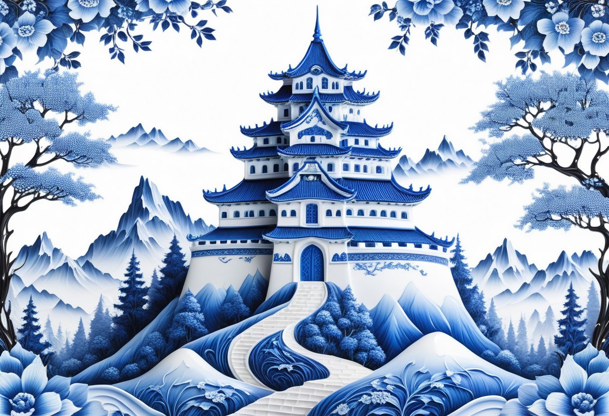 porcelain castle  in Bluepatternporcelain, detailed calligraphy ornament, 
mountain forest meadow background,