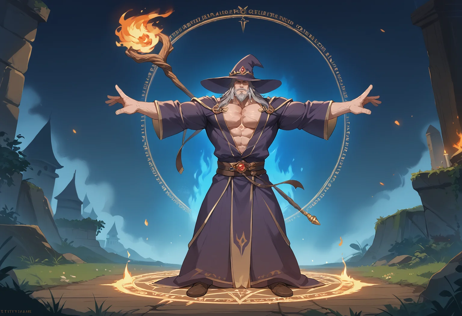 score_9, score_8_up, score_7_up, tpose, (t-pose:1.1), spread arms,outstretched arms, straight-on,planted wooden staff, 1boy, mature male, old, wizard, wizard hat, long beard, grey hair, fire, fire spell, fire magic circle, battlefield, wrinkled skin, robe, focused, gemstone, full body, legs together, muscular, pectoral cleavage, fire
<lora:T-Pose (pony) v1:1>