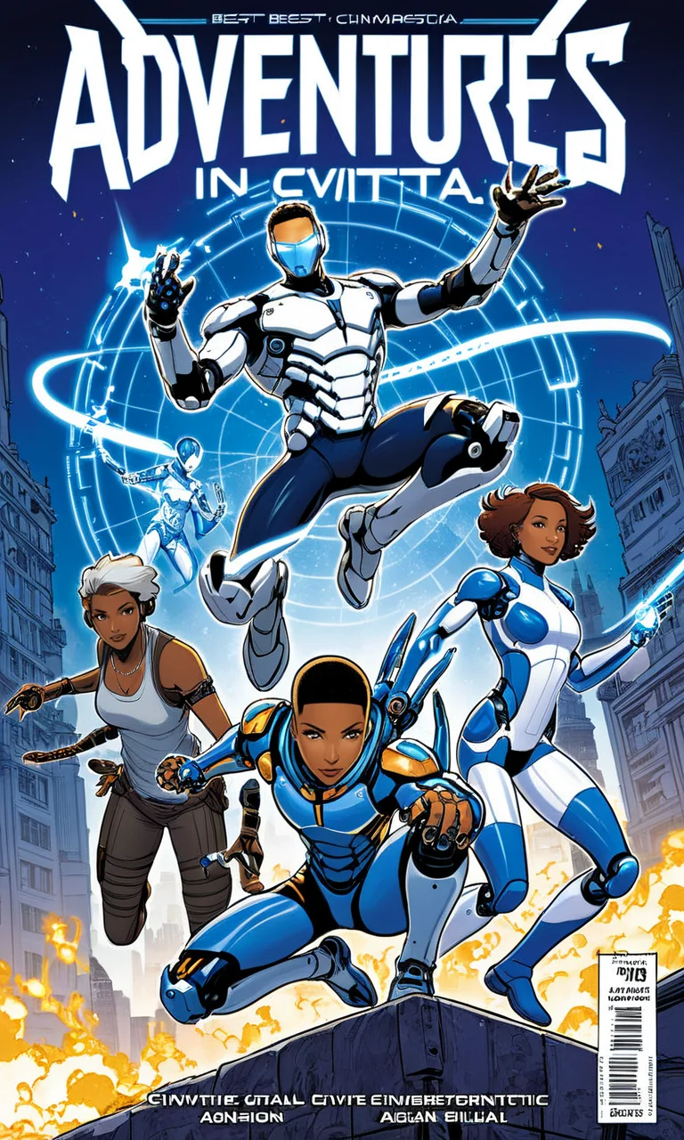 a comic book cover of a group of artists jumping into action, text " Adventures in Civitai" , blue and white, outline, best quality, masterpiece, <lora:cbcmkrsdxl:1>, cbcmkrsdxl, cyborg, cybernetic, city,