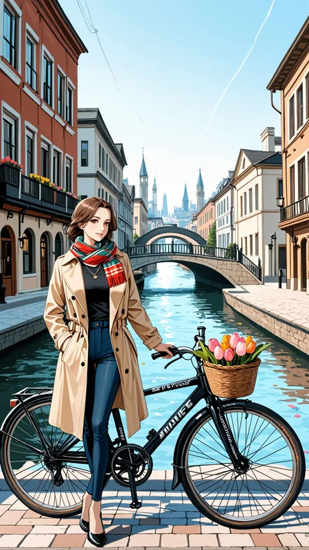 Constanze_Kravin  IllusP0s, (style of Vivian Maier), [quintessential Dutch charm:Amsterdam's vibrant essence:0.7] cityscape, capturing the unique allure of Amsterdam through the day-to-day elegance of a local. Amidst this picturesque setting, a woman emerges as the embodiment of Amsterdam's soul, seamlessly blending the city's historic grace with its lively, contemporary rhythm. Her attire is a ((stylish yet comfortable ensemble)), perfect for cycling along the city's iconic canals. She dons a tailored, waterproof trench coat that whispers sophistication, paired with practical, chic footwear ideal for navigating the cobblestone streets. Her outfit is complemented by a casual scarf, adding a pop of color, and a classic, sturdy bicycle at her side, equipped with a quaint basket filled with fresh tulips. The backdrop features the charming canal houses of Amsterdam, their gabled facades a testament to the city's rich architectural history, standing tall and elegant along the serene waterways. The scene transitions smoothly into the vibrant tulip fields just outside the city, a sea of colors that captures the essence of Dutch beauty in spring. The composition skillfully intertwines Amsterdam's famed cycling culture, as the woman pauses on a bridge over a canal, her bicycle leaning gently against the railing. She takes in the view, a blend of tradition and modernity, her figure a connecting thread between the city's past and its dynamic present. This moment encapsulates the spirit of Amsterdam, where every turn reveals a new facet of its diverse character, from the tranquility of its waterways to the bloom of its countryside, all seen through the eyes of one who calls it home.