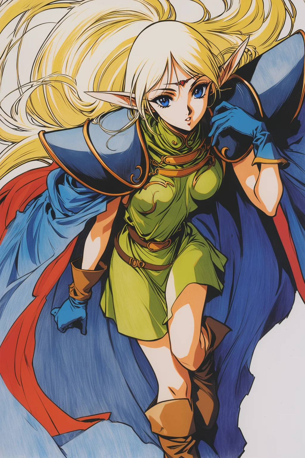 1girl,Deedlit,solo,pointy ears,long hair,blonde hair,gloves,elf,blue gloves,cape,blue cape,blue eyes,boots,from above,circlet,very long hair,shoulder armor,parted lips,looking at viewer,white background,retro artstyle,traditional media,
<lora:yuuki nobuteru_XL:0.8>,