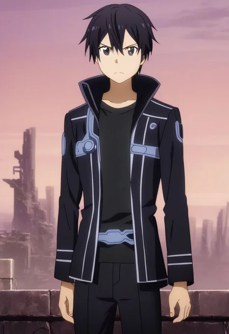 high resolution, professional photography, solo, best quality, 1Boy, Kazuto Kirigaya, Black Hair, Black Eyes, dystopia, black jacket, black shirt, serious looking, black pants, armor, dark fantasy, OverallDetail