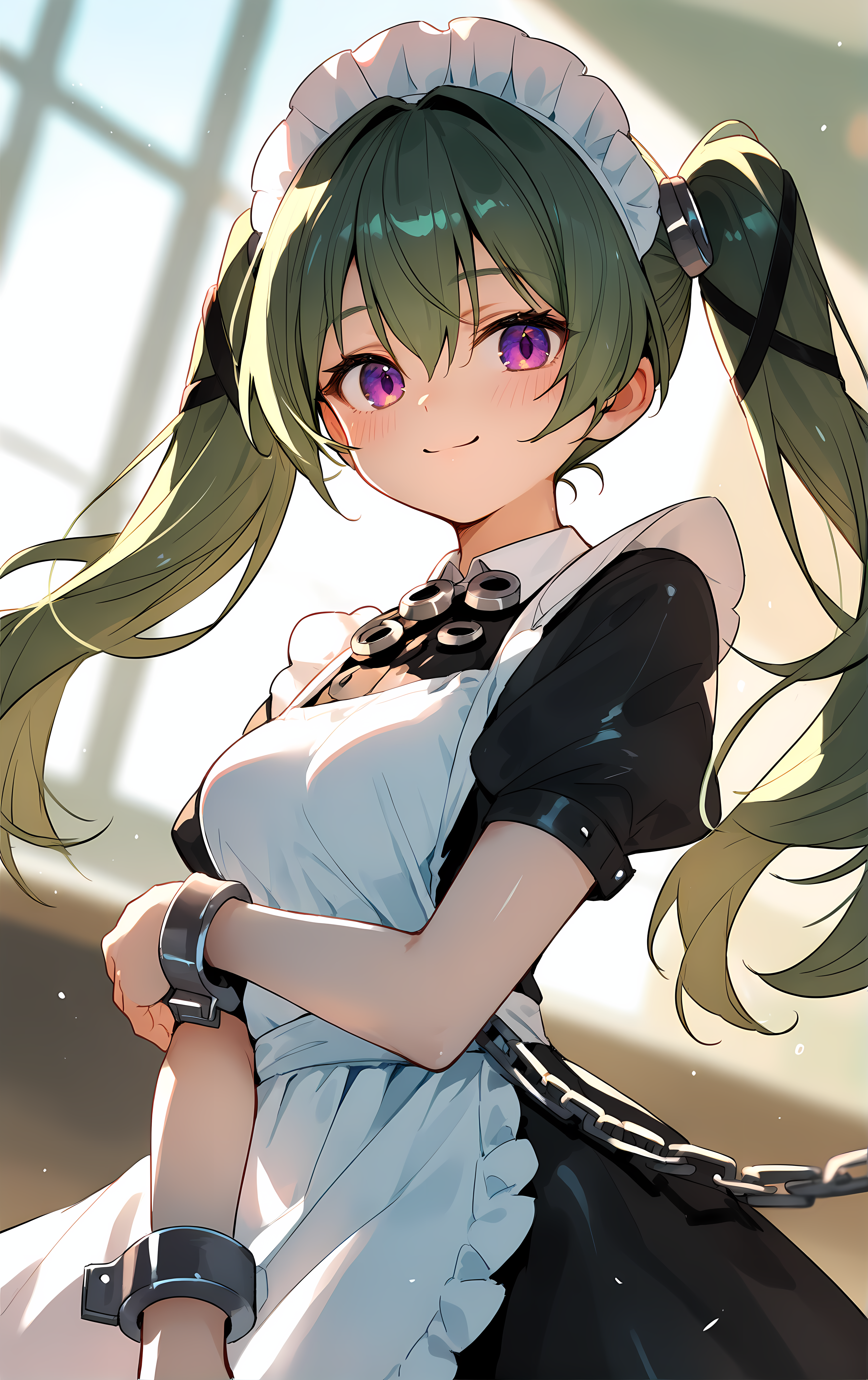 (score_9, score_8_up, score_7_up), blush, smile, closed mouth, medium breasts, shiny skin,
blurry background, upper body, close-up, cowboy shot, dutch angle,
classroom, looking_at_viewer,
corin, 1girl, green_hair, maid_headdress, apron, twintails, solo, purple_eyes, maid, long_hair, short_sleeves, black_dress, dress, maid_apron, puffy_sleeves, white_apron, hair_between_eyes, puffy_short_sleeves, chain, cuffs, wrist_cuffs,
 <lora:corin_wickes_pony_ss:0.9>