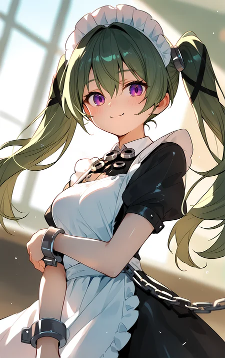 (score_9, score_8_up, score_7_up), blush, smile, closed mouth, medium breasts, shiny skin,
blurry background, upper body, close-up, cowboy shot, dutch angle,
classroom, looking_at_viewer,
corin, 1girl, green_hair, maid_headdress, apron, twintails, solo, purple_eyes, maid, long_hair, short_sleeves, black_dress, dress, maid_apron, puffy_sleeves, white_apron, hair_between_eyes, puffy_short_sleeves, chain, cuffs, wrist_cuffs,
<lora:corin_wickes_pony_ss:0.9>