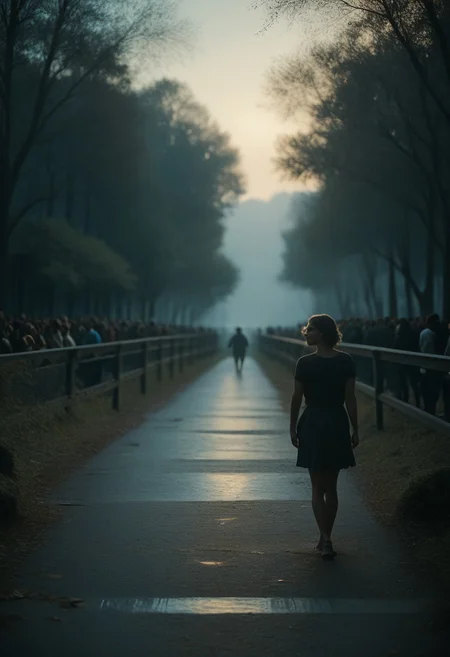 Score_PnyReal C4M3R403, silhouette, film strip, blurry, bridge, walking, multiple girls, crowd, grainy, film photography