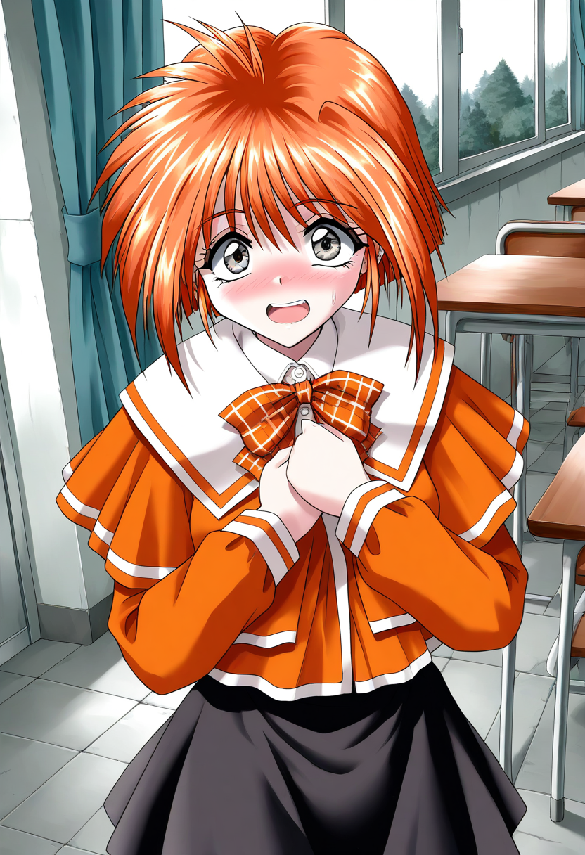 general,highres, ultra-detailed,very aesthetic,best quality ,best hands, BREAK <lora:Kawahara_Ayano_Akumu_AoiKajitsunoSange_IS:1>
Kawahara_Ayano, 1girl, solo, short hair, orange hair, small breasts, gray eyes, bangs, 
open mouth, embarrassed+surprised,
smile,
orange school uniform, plaid skirt,  white and black skirt, 
ribbon,  hands on own chest,  
braid, plaid bow, forest,  long sleeves, 
class room, curtain,