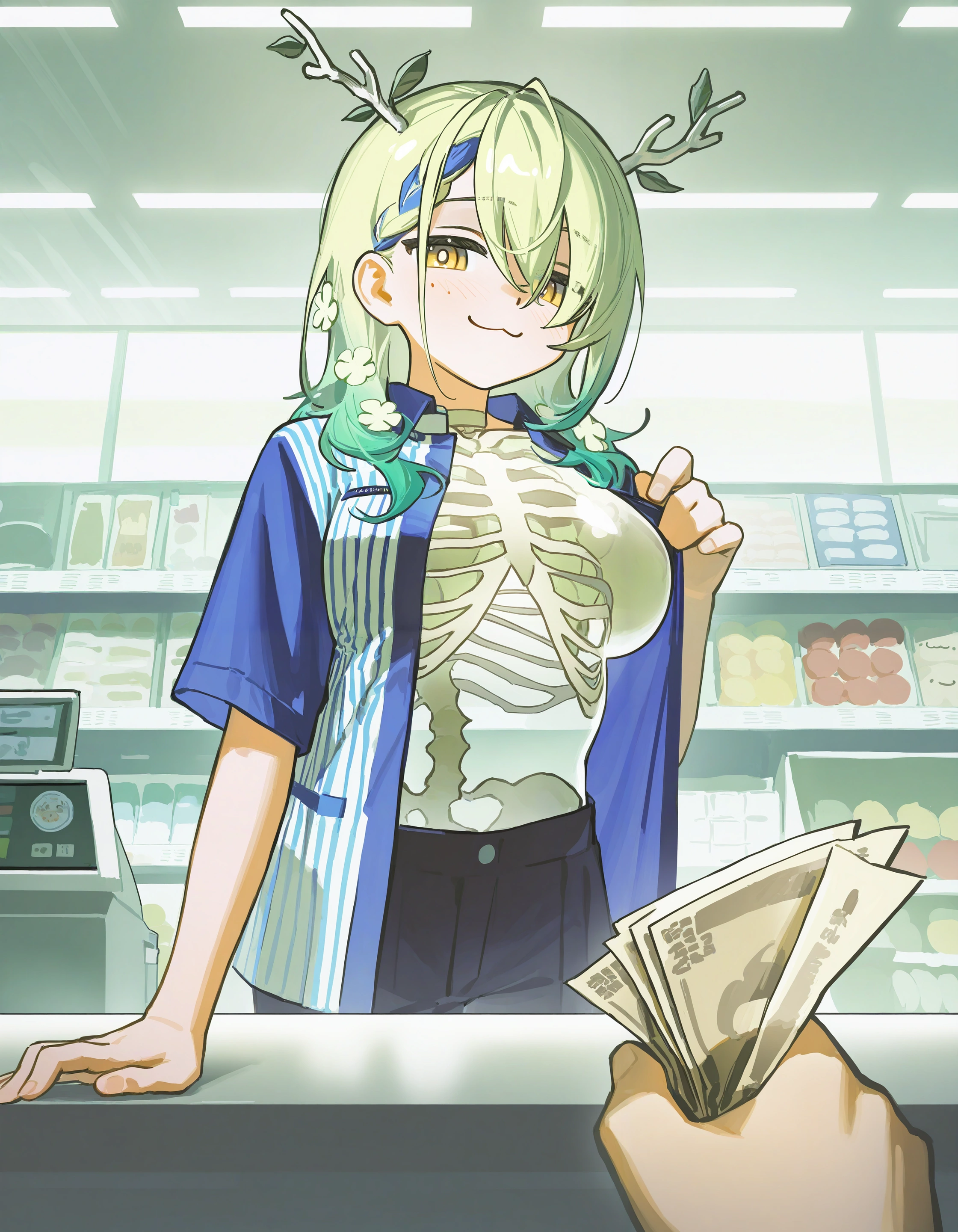 masterpiece, newest,
alzi xiaomi, ningen mame, tianliang duohe fangdongye, sho \(sho lwlw\),
1girl, see-through body, ribs,
ceres fauna, supermarket, cashier, employee uniform, lawson, breasts, cash register, pants, :3, pov, holding money,
(undressing:1.1), open clothes, smug, questionable, loaded interior, indoors, leaning on table
<lora:concept_hollowbody-ill_1:1>