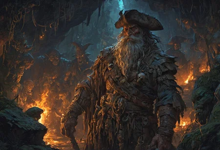 Oil on canvas, a hauntingly vivid depiction of the infamous pirate Blackbeard and his crew, pirate ghost crew, ghost , illuminated by flickering torchlight as they confront the vengeful spirits of former buccaneers, guardians of a long-lost treasure trove deep within a damp, moss-covered cave, eerie shadows dancing across the walls, amidst a swirling mist of ethereal blue and wispy grey, gold glints of treasure spilling from ancient chests, Blackbeard's piercing gaze defiant, the phantoms' eyes blazing with a malevolent glow, as the two forces engage in a standoff, frozen in time. <lora:MJ52:0.3>  <lora:SDXLFaeTastic2400:0.4>  <lora:EpicF4nta5yXL:0.7>