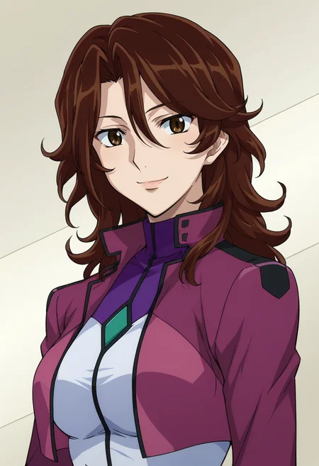 score_9,score_8_up,score_7_up,score_6_up,score_5_up,score_4_up,anime coloring BREAK source_anime,anime,<lora:Sumeragi_Lee_Noriega_Gundam_00_Pony:0.8>,sumeragi,1girl,solo,brown eyes,brown hair,long hair,hair between eyes,cb uniform,cropped jacket,smile,multicolored background,portrait,upper body,looking at viewer,