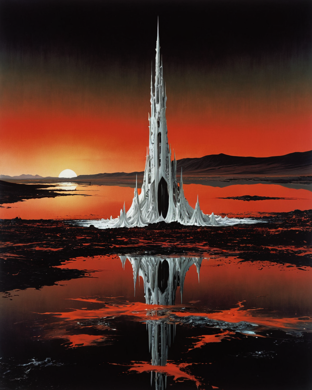 (Sauron clad in white:1.9), water, reflections, transparency, provoking, vivid color, Mordor: A dark and evil land, horror, Ernst Haas, blood red, golden hour, <lora:add-detail-xl:1>, <lora:xl_more_art-full_v1:0.8> <lora:artiangel:1.8> artiangel