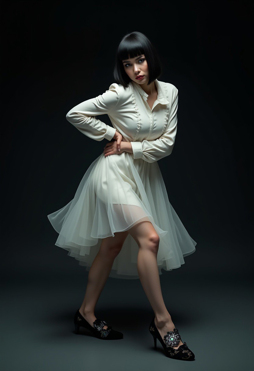 glamour photography of A hyper-realistic full-body photo of a turkish woman with a sleek black bowl-cut hairstyle, her razor-sharp bangs perfectly concealing her eyes, casting a mysterious shadow across her porcelain-like skin. Her pale, glossy complexion gleams with an oily finish, giving her an ethereal, avant-garde presence. She dons a Ballets Ruffled Dress in crisp, immaculate white, crafted from a luxurious blend of cotton and polyester. The dress features full sleeves, a stand collar, a single-breasted closure, and cascading ruffles that add delicate charm to its casual yet surreal design. Her feet are adorned with black leather high-heel shoes embellished with surreal iridescent floral patterns, shimmering like jewels under soft, focused lighting. She strikes a dynamic, avant-garde pose, her body tilted slightly with one arm extended gracefully while the other rests near her waist, exuding elegance and controlled intensity. The background is a deep, pitch-black void illuminated by glowing, sparkling golden grills that form intricate geometric patterns, creating a dramatic, high-fashion atmosphere. The photo captures every fine detail, with fluid lines and soft shading bringing out stunning clarity and depth, inspired by Alexander McQueen's visionary designs.
