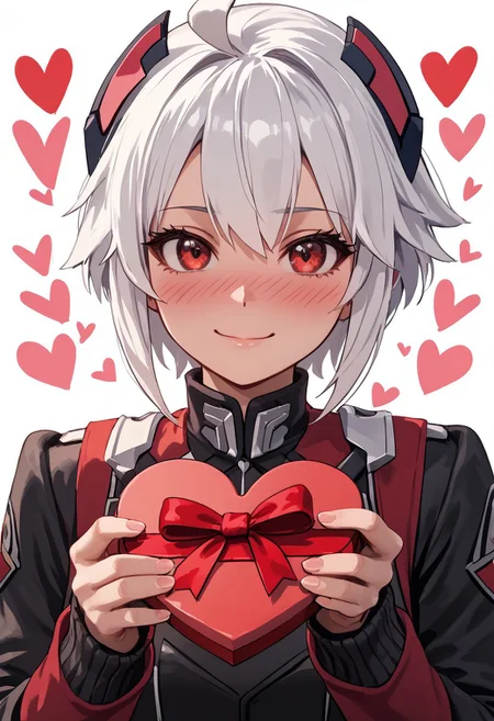 score_4,score_5,score_6,score_7_up,score_8_up,score_9 ((masterpiece,best quality,ultra detailed,highres,HD,4k:1.2)),
1girl, solo,solo focus,girl focus,face focus,
Copen(GV),white hair, ahoge, short hair,sidelocks,red eyes, dark eyes,highlight off,Eyes without highlights,head gear,
upper body,
pov,from the front, front view, front angle,
Happy Valentine's Day, Valentine's chocolate, holding wrapped chocolate,
heart background,
full face blush,Embarrassing,smile,closed mouth,